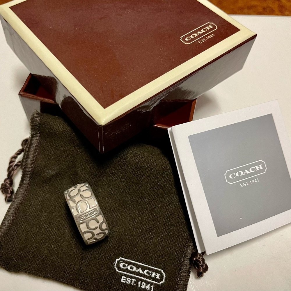 Coach Silver/White Miranda Enamel Signature Ring Size:6